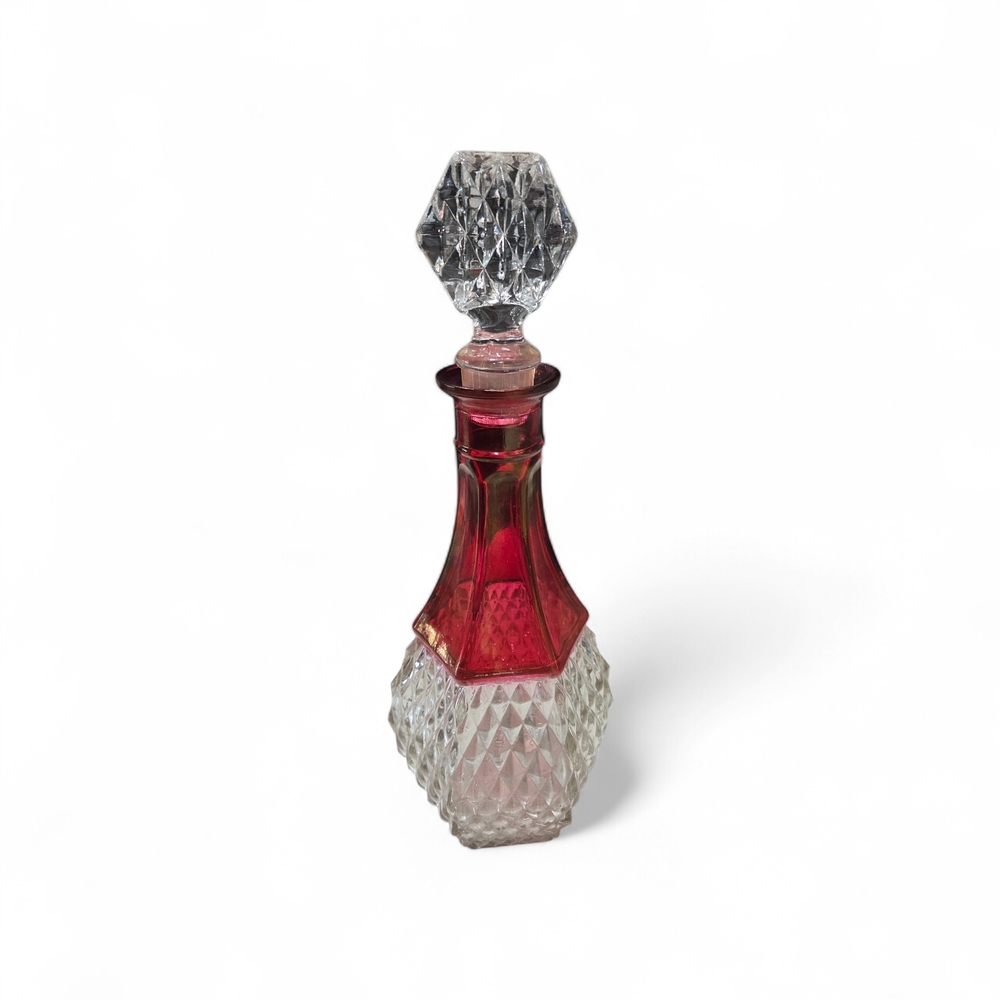 Vintage, Indiana Glass Company, Diamond Point Ruby Red and Clear Glass Decanter.